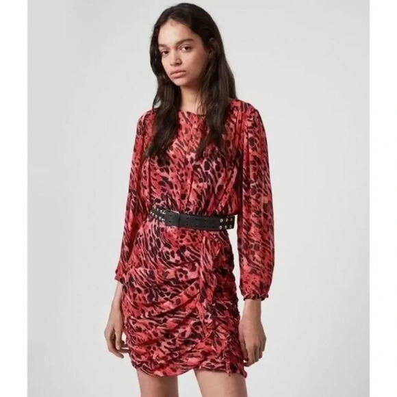 AllSaints Barre Ambient Red Animal Print Long Sleeve Mini Dress 6 - Picture 1 of 6